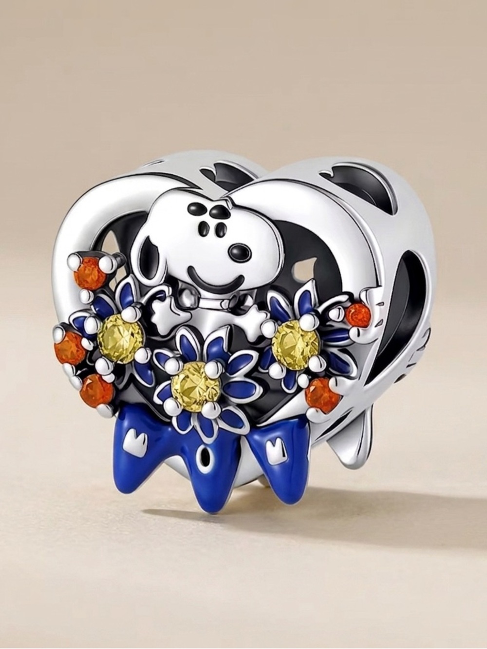 Silver Heart Charm with Blue Enamel and Yellow & Orange Stones